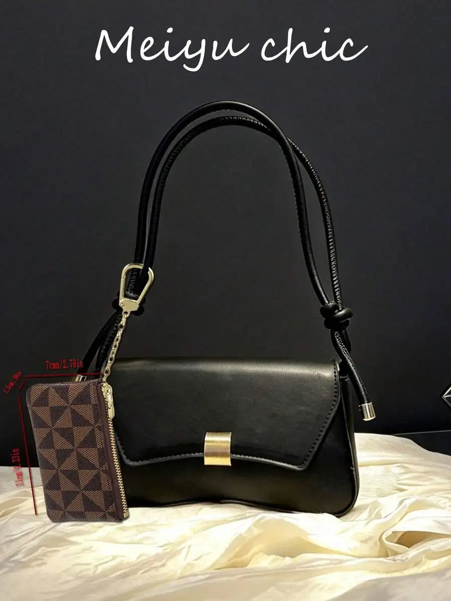 Minimalist Black PU Crossbody Bag with Gold Buckle and Knotted Strap