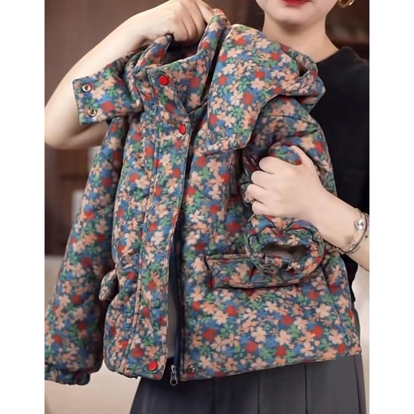 Korean Winter Children Girls Parka Cotton Plus Velvet Floral Print Kids Girls Coats Windproof Thick Little Girl Hooded Outerwear