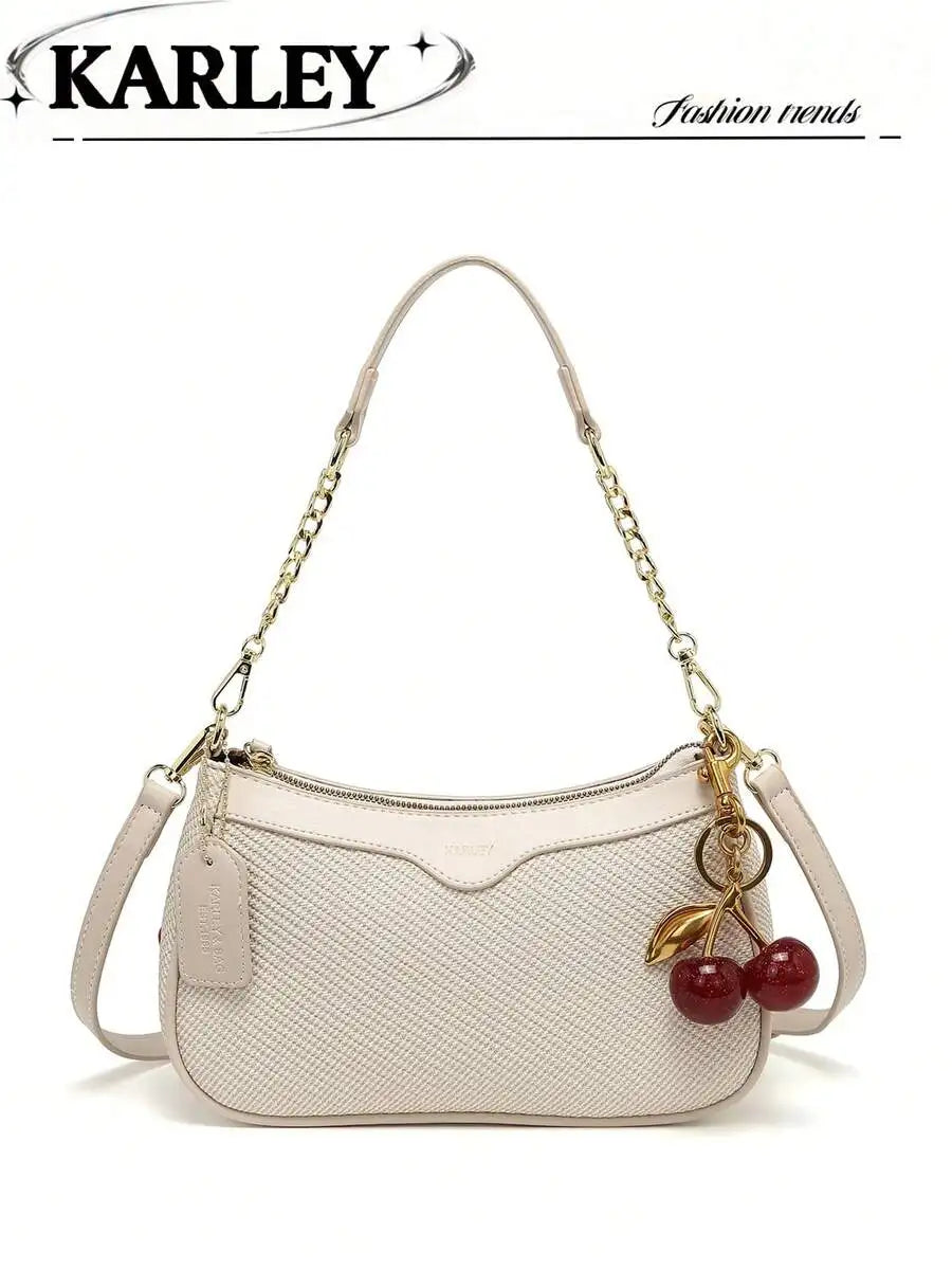 2025 New Fashion Crescent PU Leather Shoulder Bag with Cherry Charm, Crossbody or Underarm Wear