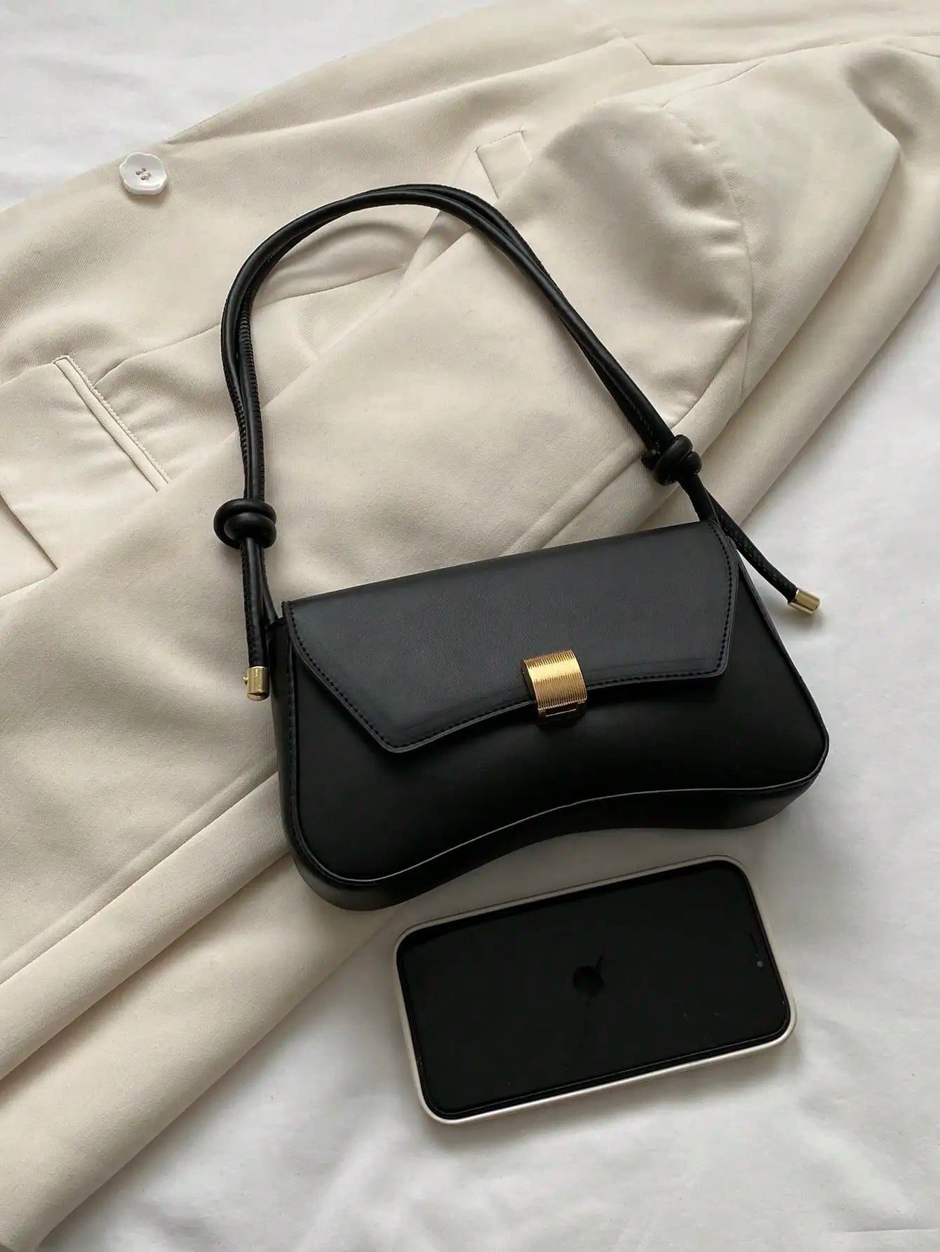Minimalist Black PU Crossbody Bag with Gold Buckle and Knotted Strap