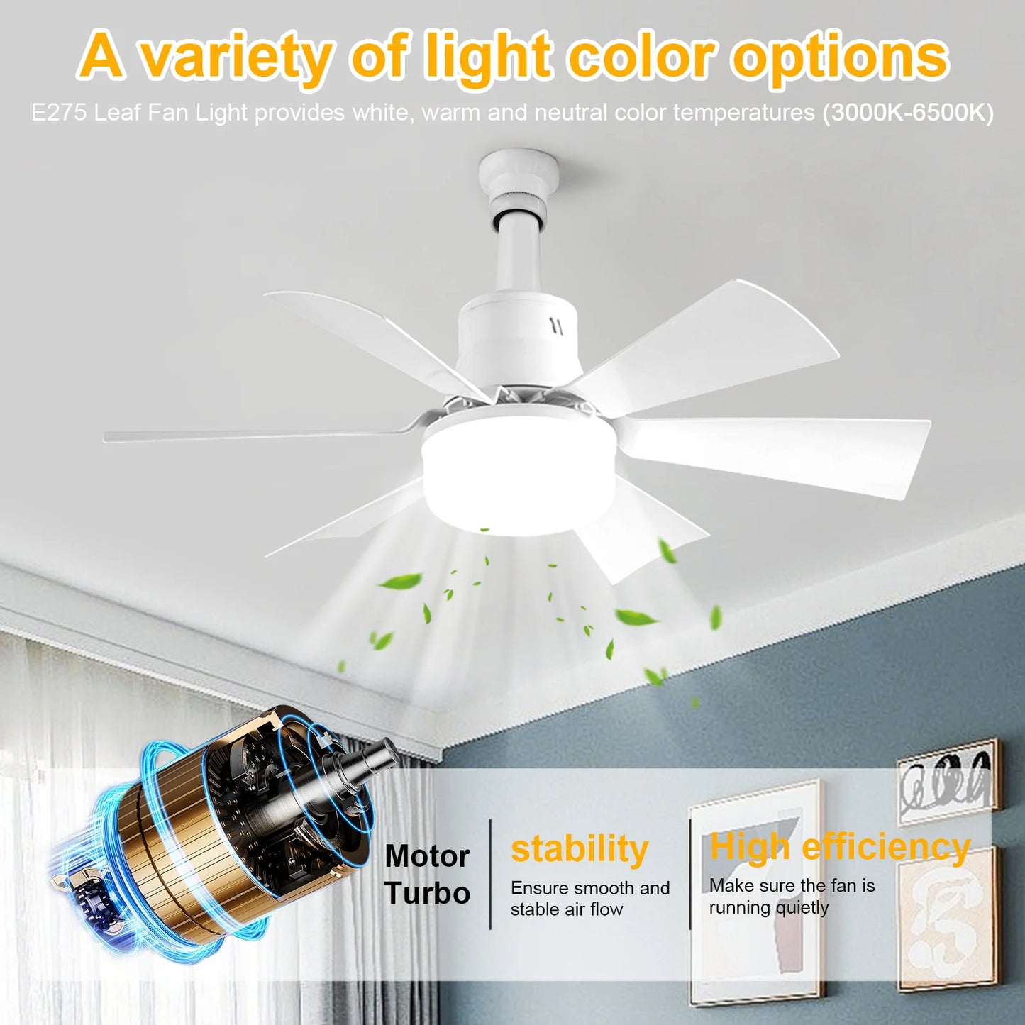 Socket Fan Light with Remote Ceiling Fan with Light Adjustable Wind Speed Timing Wireless Fan RGB Light for Living Room Bedroom