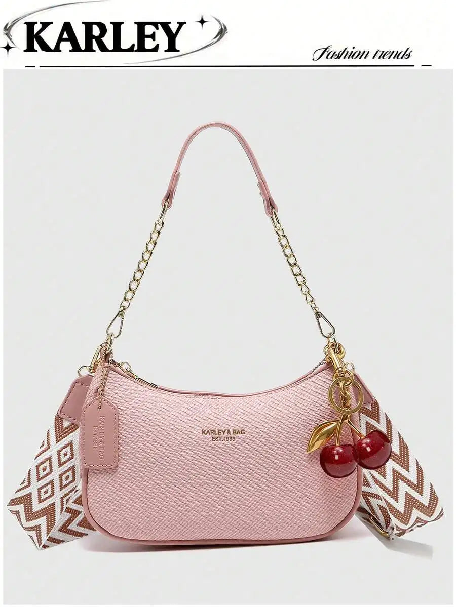 2025 New Fashion Crescent PU Leather Shoulder Bag with Cherry Charm, Crossbody or Underarm Wear