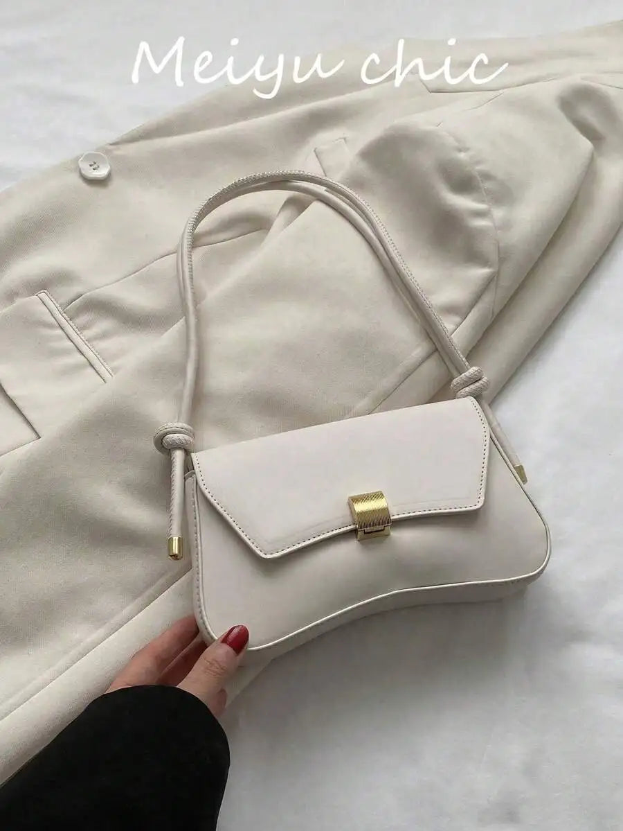 Minimalist Black PU Crossbody Bag with Gold Buckle and Knotted Strap