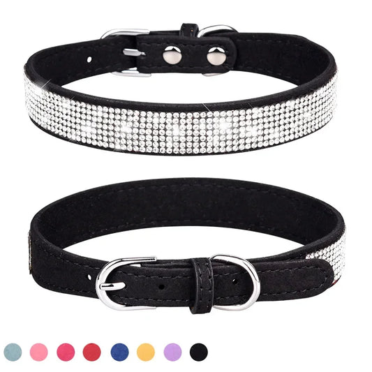 Adjustable collar shiny rhinestone dog collar small and medium-sized dog chain dog walking rope microfiber cat collar
