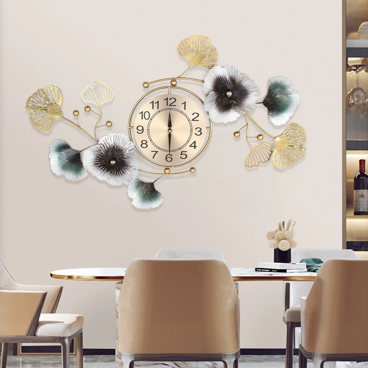 NEW 90*45cm Large Wall Clock Ginkgo Leaf Metal Wall Watch Living Room Home Decor