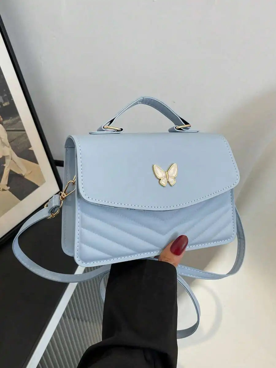 White PU Leather Quilted Flap Crossbody Bag with Butterfly Charm