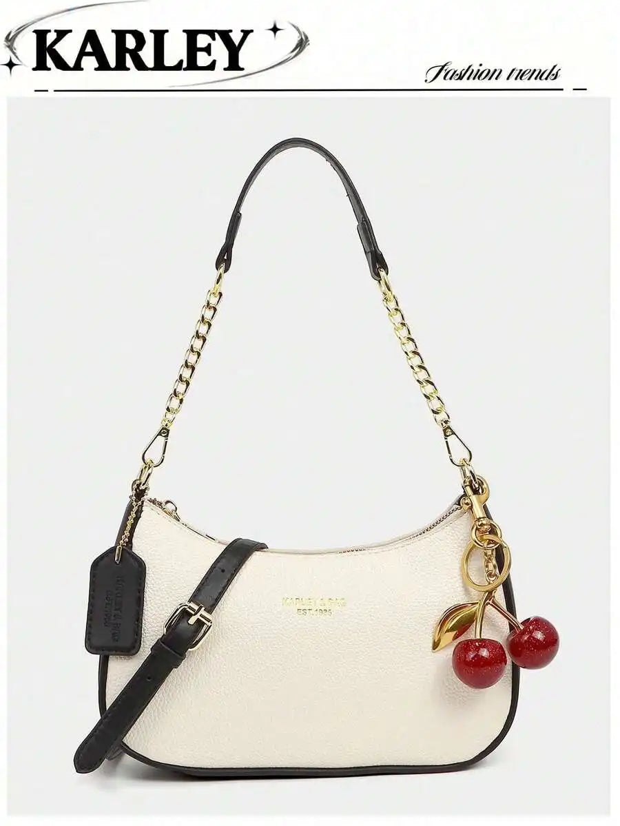 2025 New Fashion Crescent PU Leather Shoulder Bag with Cherry Charm, Crossbody or Underarm Wear