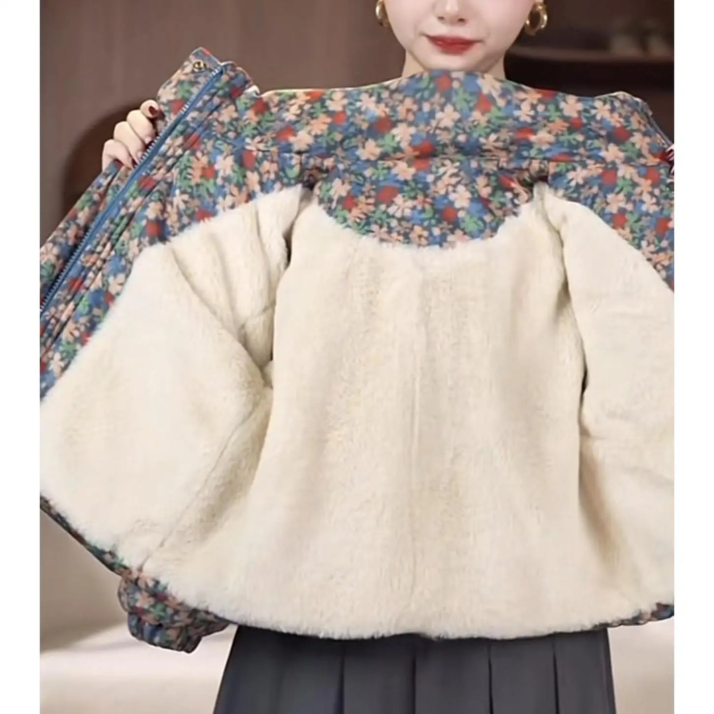 Korean Winter Children Girls Parka Cotton Plus Velvet Floral Print Kids Girls Coats Windproof Thick Little Girl Hooded Outerwear