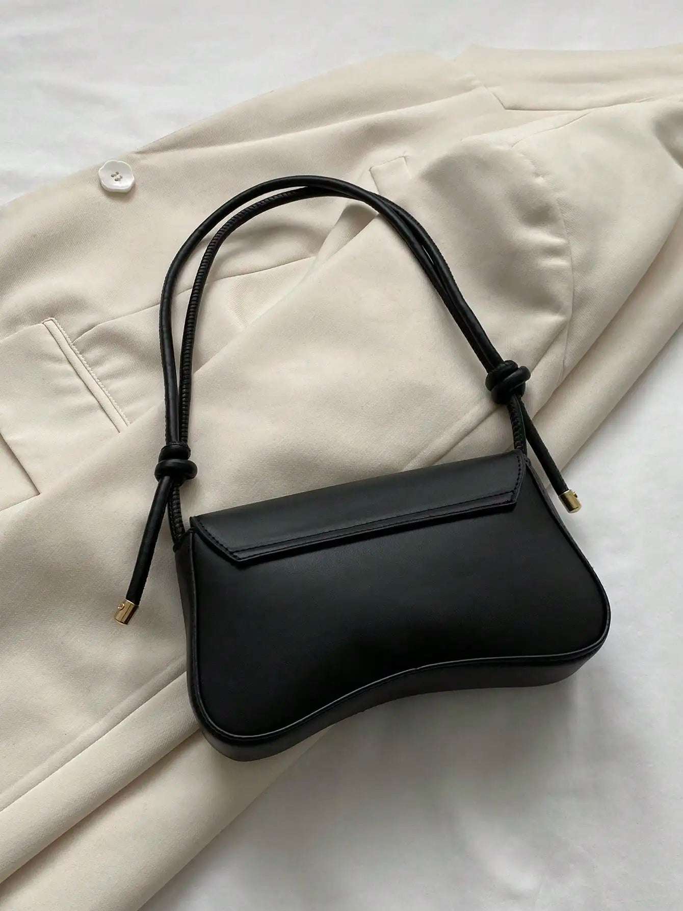 Minimalist Black PU Crossbody Bag with Gold Buckle and Knotted Strap