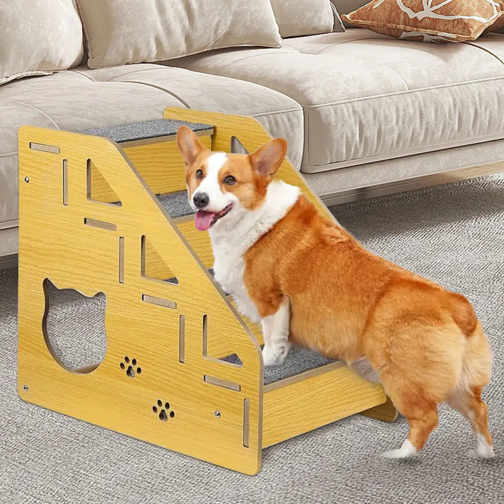 4-Step Wooden Pet Stairs Nonslip Carpeted Indoor Pet Steps Dog Stairs Ramp Pet Furniture for Dogs and Cats for Bed