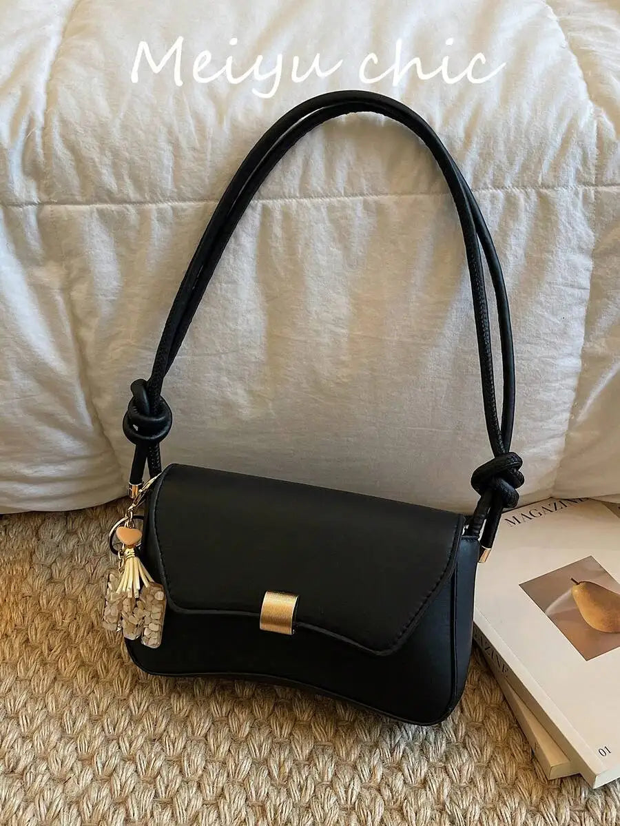 Minimalist Black PU Crossbody Bag with Gold Buckle and Knotted Strap