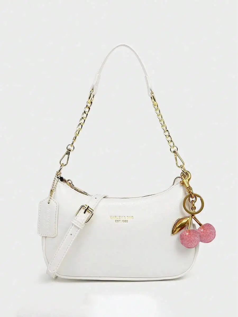 2025 New Fashion Crescent PU Leather Shoulder Bag with Cherry Charm, Crossbody or Underarm Wear