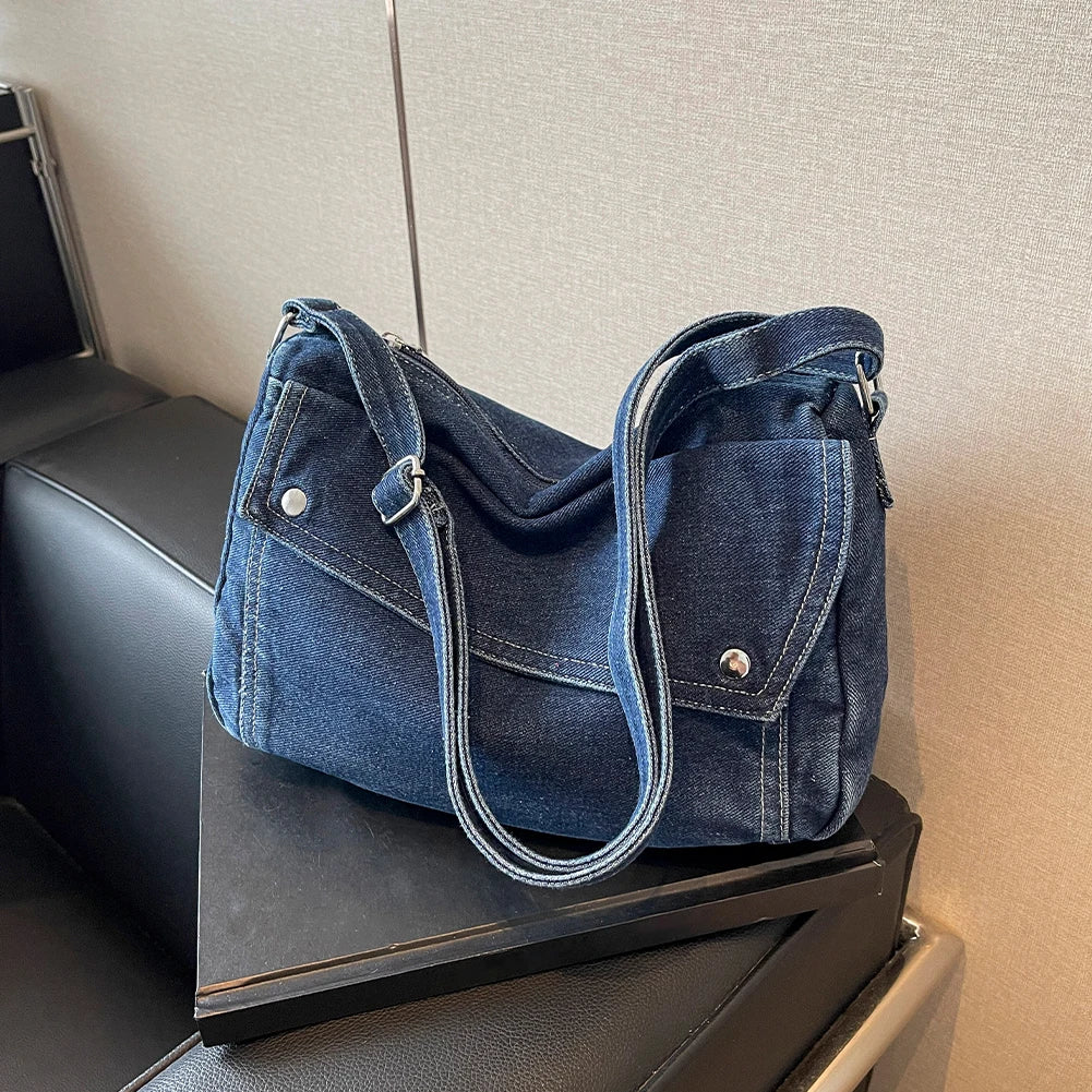 Denim Tote Bag Casual Retro Women Aesthetic Crossbody Bag Handbag Lightweight Jean Purses with Adjustable Strap Travel Shopper