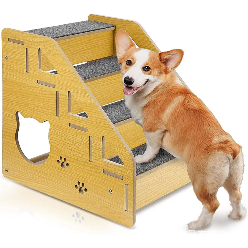 4-Step Wooden Pet Stairs Nonslip Carpeted Indoor Pet Steps Dog Stairs Ramp Pet Furniture for Dogs and Cats for Bed