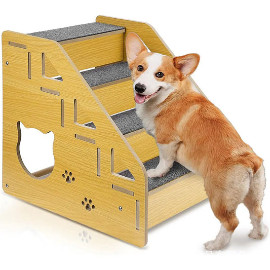4-Step Wooden Pet Stairs Nonslip Carpeted Indoor Pet Steps Dog Stairs Ramp Pet Furniture for Dogs and Cats for Bed