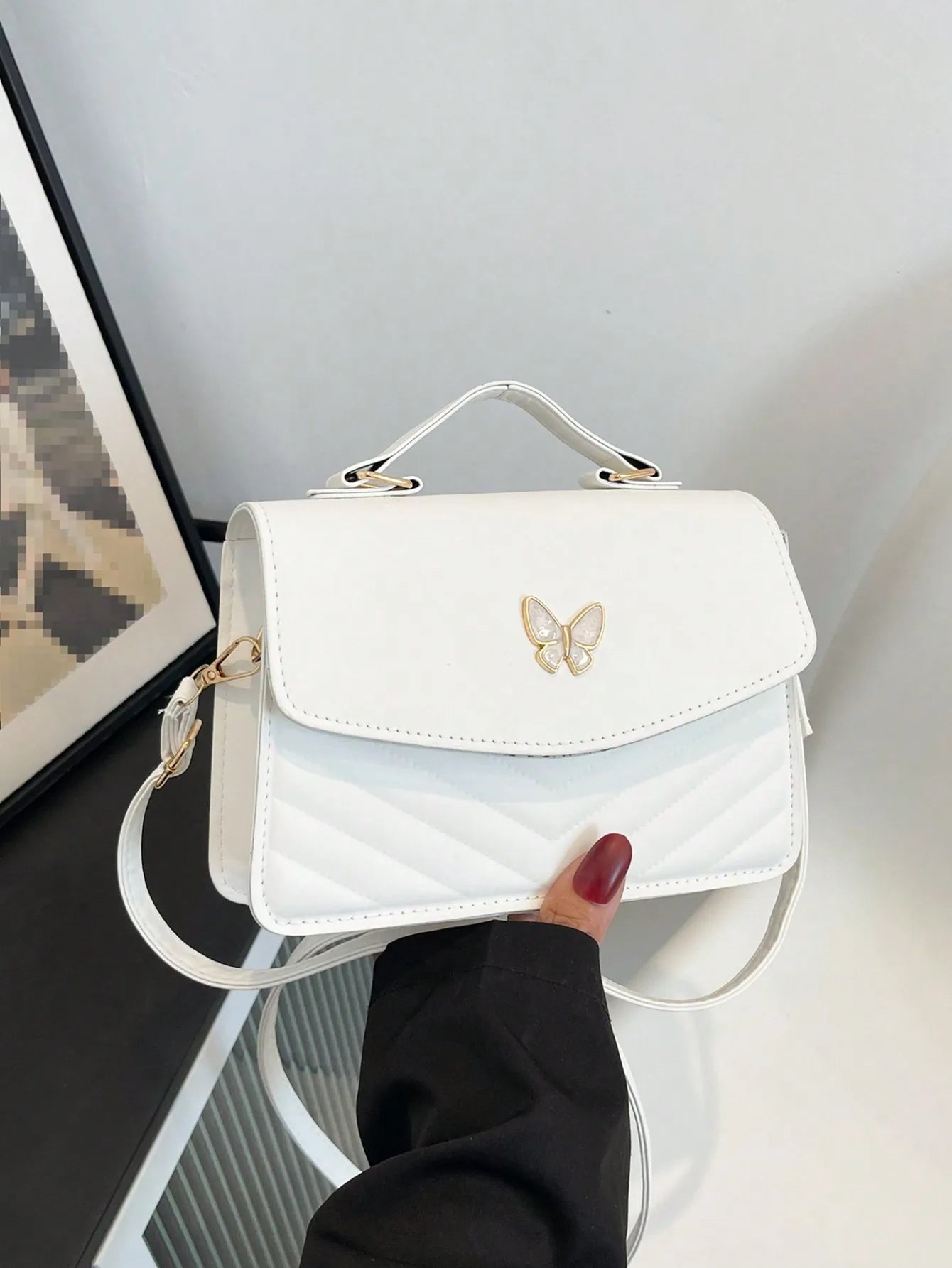 White PU Leather Quilted Flap Crossbody Bag with Butterfly Charm