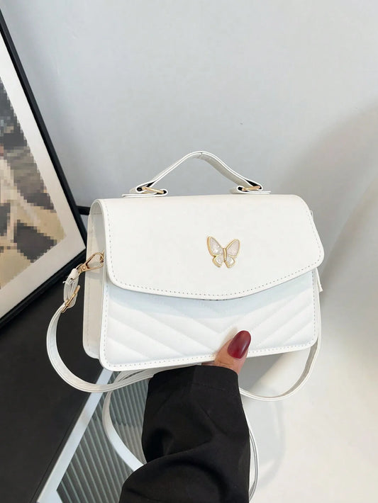 White PU Leather Quilted Flap Crossbody Bag with Butterfly Charm