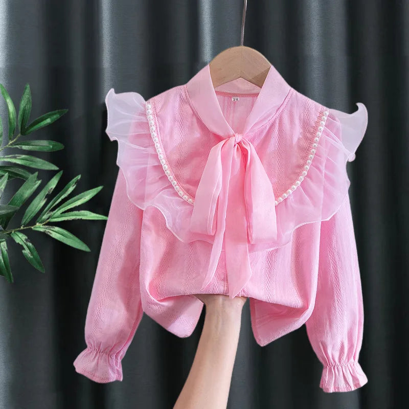 2025 Spring and Autumn New Girls' Bottom Shirt Children's Top Bow and Lotus Leaf Edge Shirt Blouse for Girls