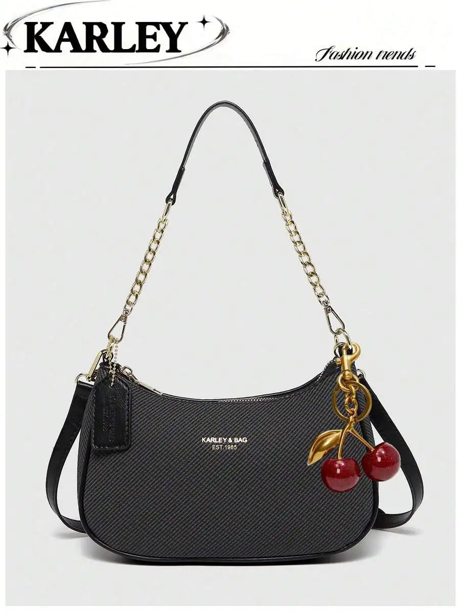 2025 New Fashion Crescent PU Leather Shoulder Bag with Cherry Charm, Crossbody or Underarm Wear