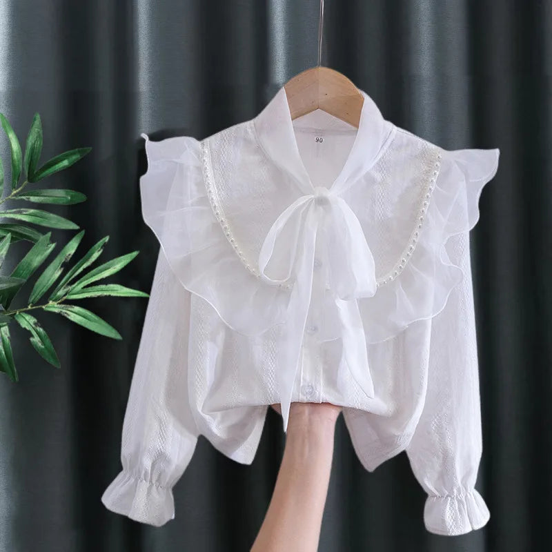 2025 Spring and Autumn New Girls' Bottom Shirt Children's Top Bow and Lotus Leaf Edge Shirt Blouse for Girls