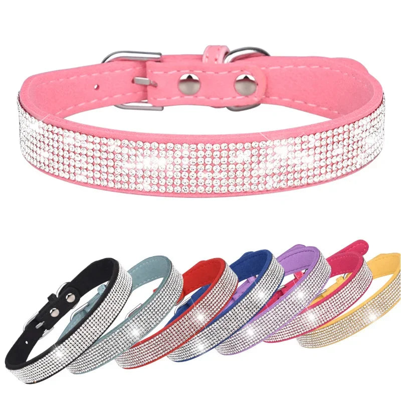 Adjustable collar shiny rhinestone dog collar small and medium-sized dog chain dog walking rope microfiber cat collar