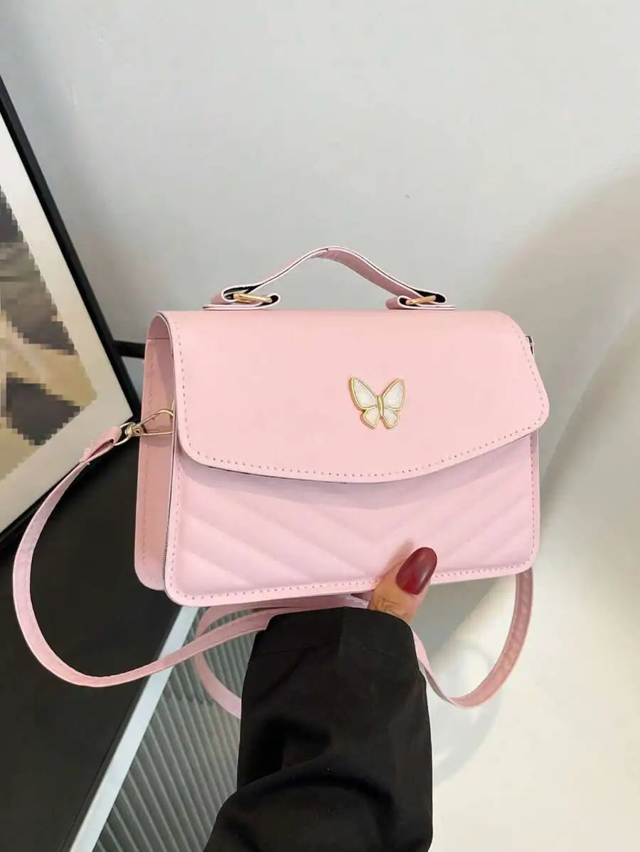 White PU Leather Quilted Flap Crossbody Bag with Butterfly Charm