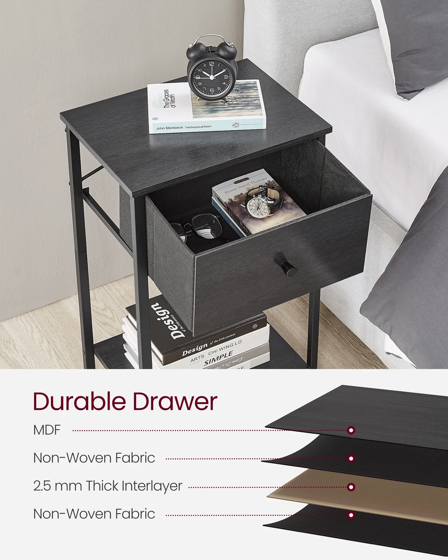 VASAGLE Nightstand, Side Table with Fabric Drawer, 24-Inch Tall End Table with Storage Shelf