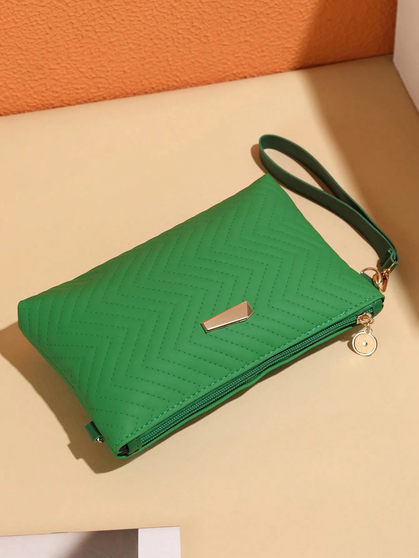 Green Quilted Chevron Mini Crossbody Bag with Gold Chain Strap
