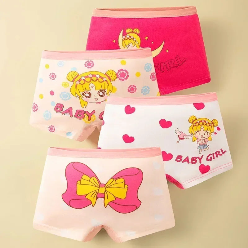 4Pcs/lot Kids Panties Chirdrens Underwear Lovely Girls Cartoon Print Briefs Floral Grid Cute Pants Baby Cotton Underpants 2-14Y