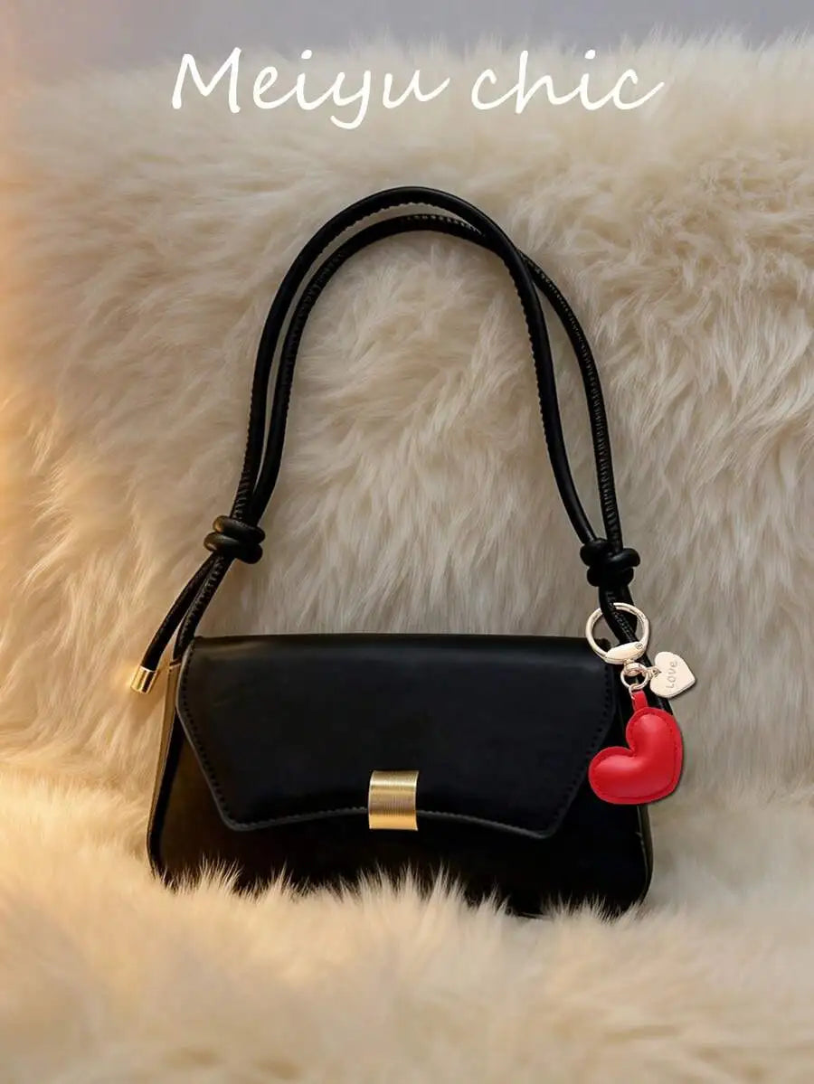 Minimalist Black PU Crossbody Bag with Gold Buckle and Knotted Strap