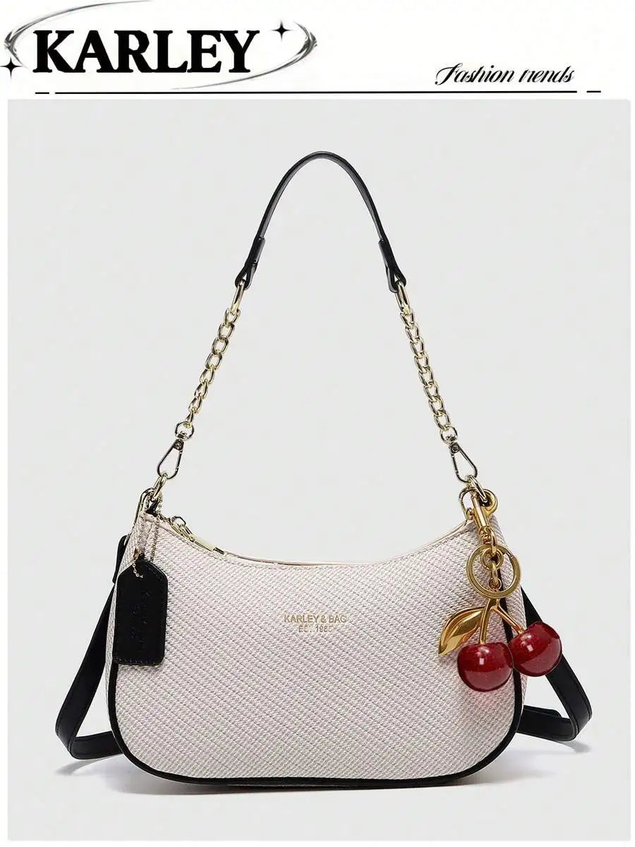 2025 New Fashion Crescent PU Leather Shoulder Bag with Cherry Charm, Crossbody or Underarm Wear
