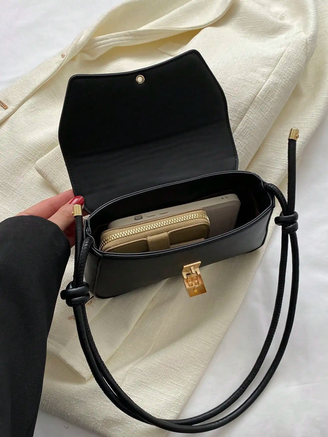 Minimalist Black PU Crossbody Bag with Gold Buckle and Knotted Strap
