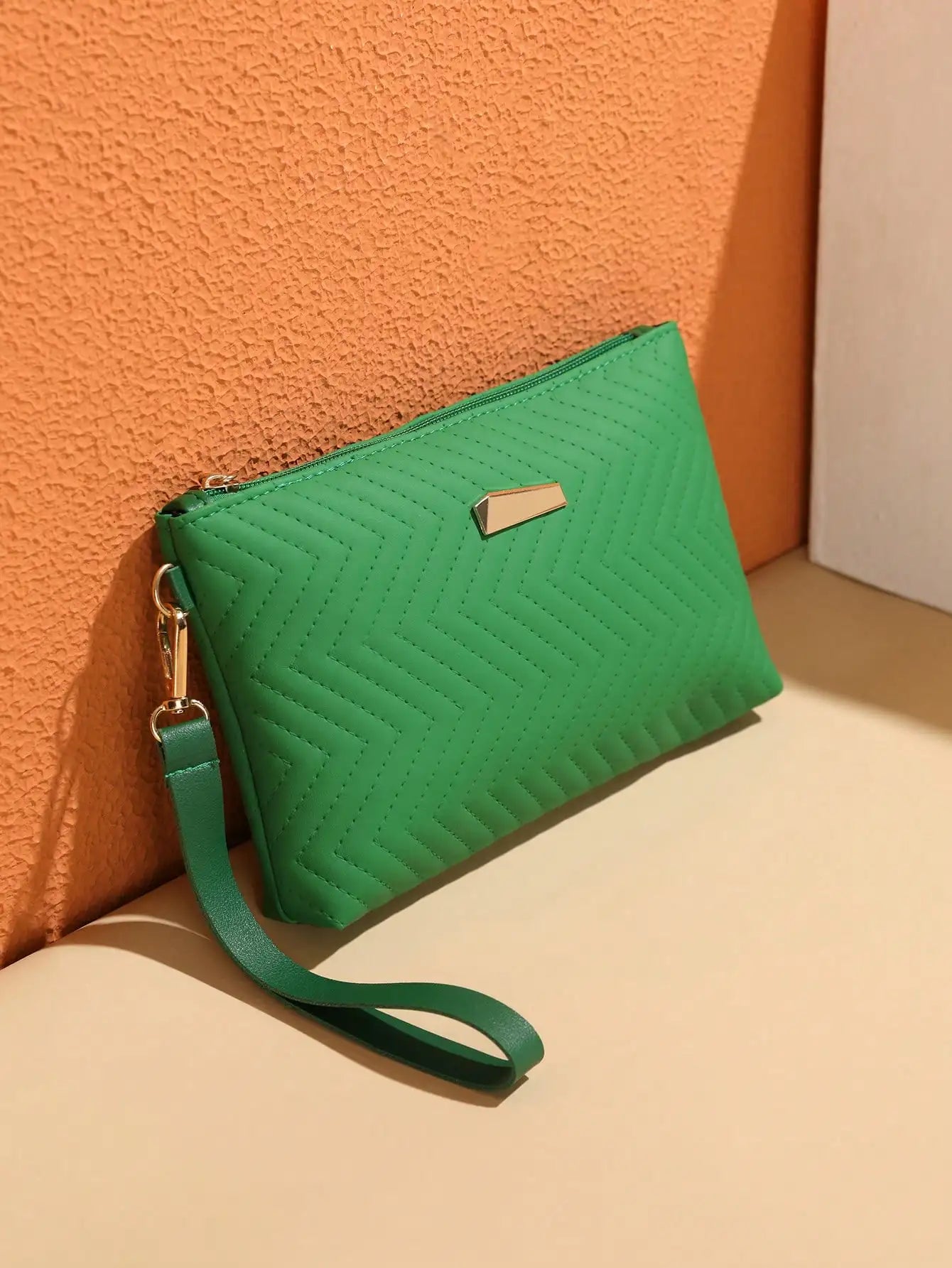 Green Quilted Chevron Mini Crossbody Bag with Gold Chain Strap