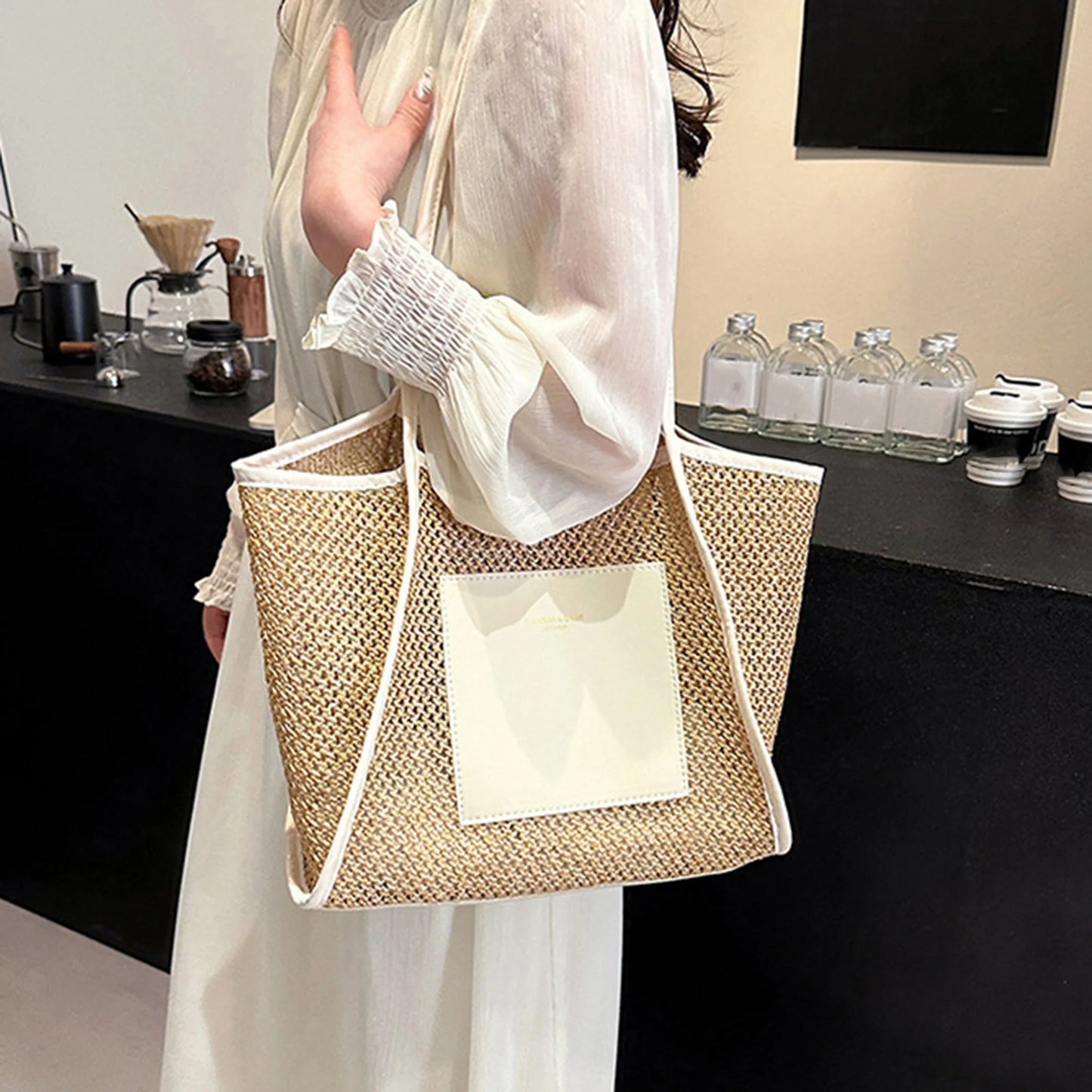 Women s Boho Style Straw Tote Bag with Patchwork Design and Spacious Interior Perfect for Beach or Everyday Use