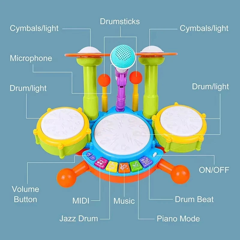 Hot selling Creative children jazz drums electric light cool music drum kit percussion instrument baby early education toys gift