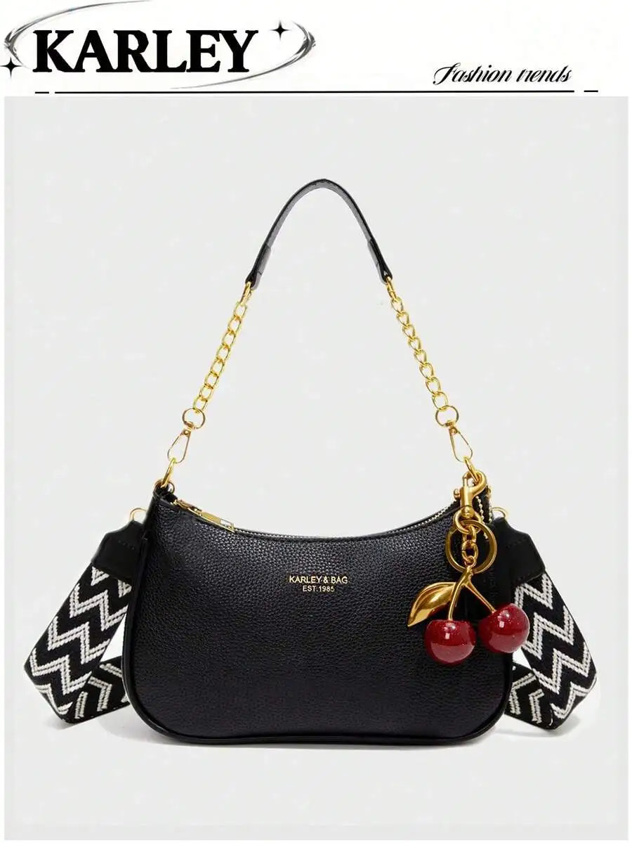 2025 New Fashion Crescent PU Leather Shoulder Bag with Cherry Charm, Crossbody or Underarm Wear