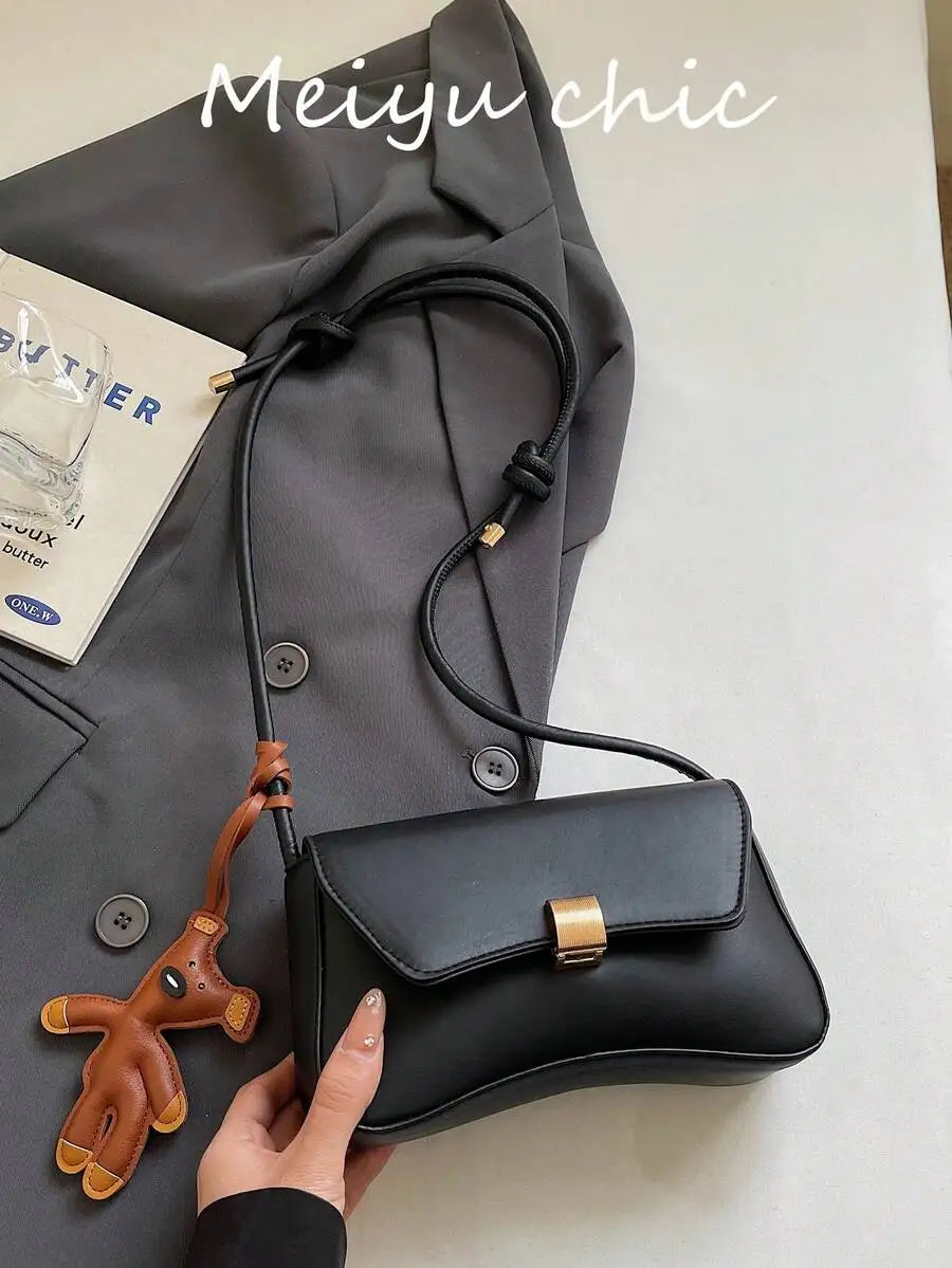 Minimalist Black PU Crossbody Bag with Gold Buckle and Knotted Strap