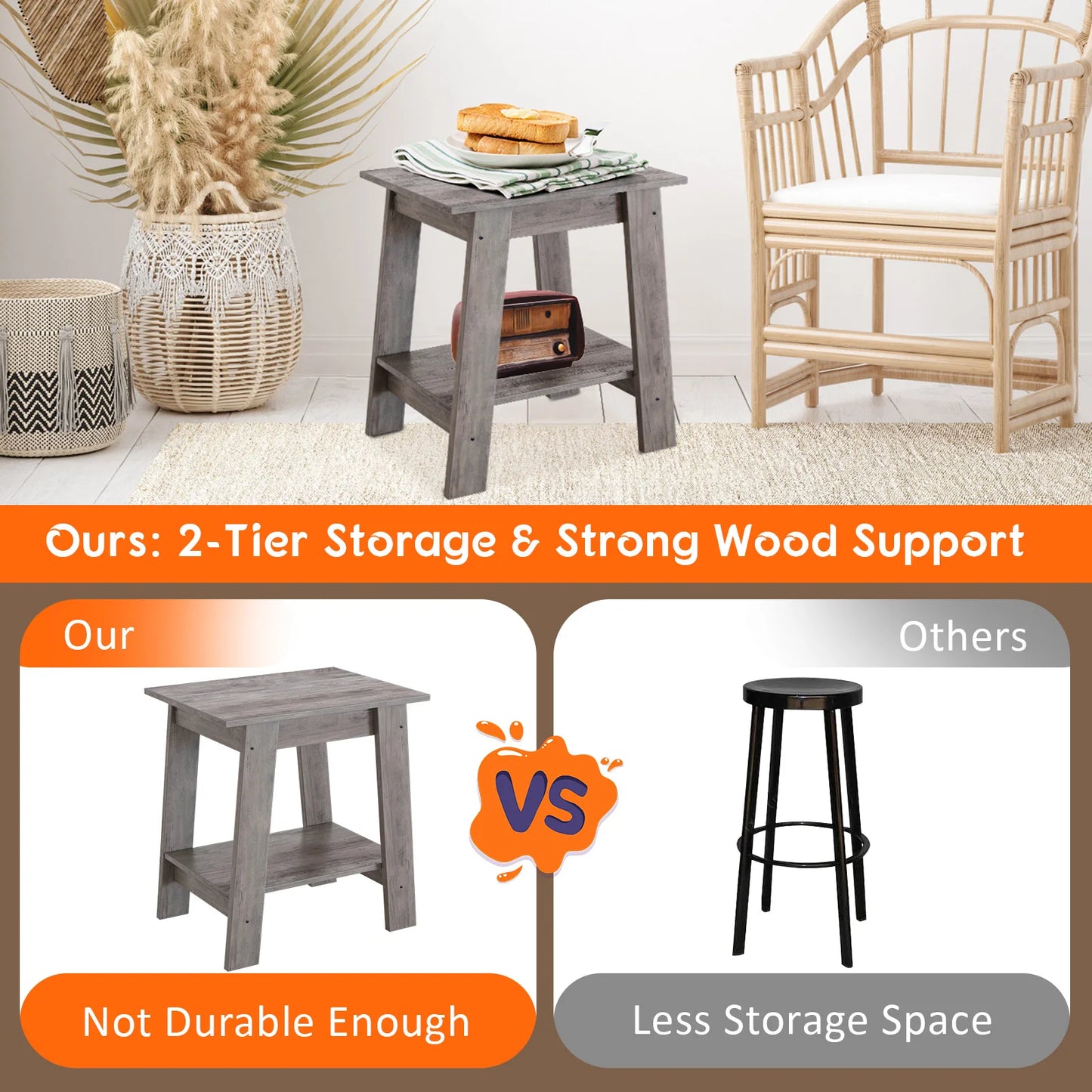 2-Tier End Table Storage Shelf Sofa Side Table for Small Space Square Nightstand for Entryway Farmhouse Living Room
