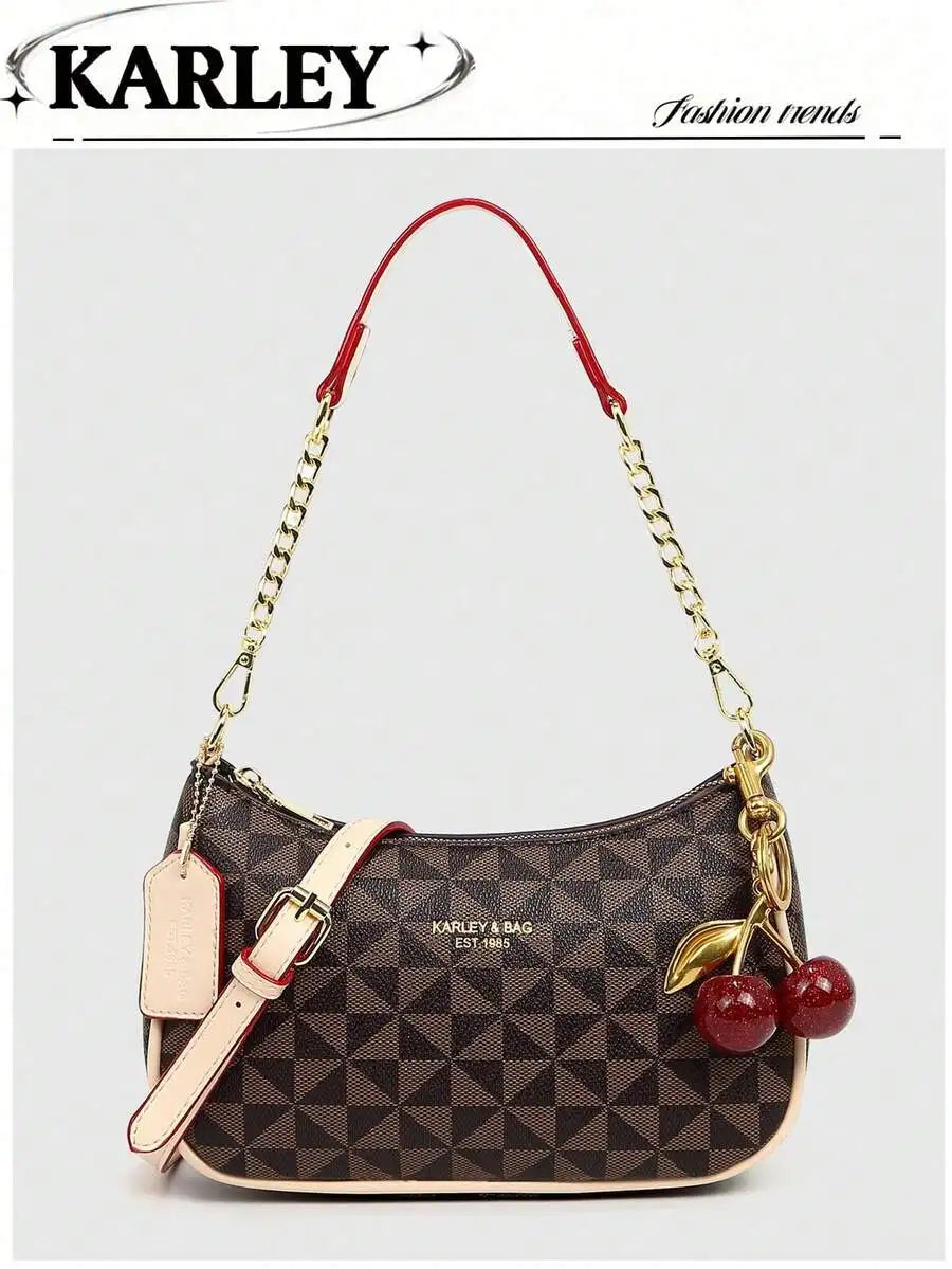 2025 New Fashion Crescent PU Leather Shoulder Bag with Cherry Charm, Crossbody or Underarm Wear