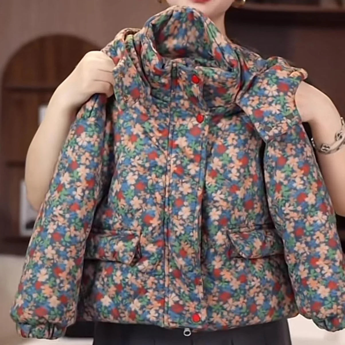 Korean Winter Children Girls Parka Cotton Plus Velvet Floral Print Kids Girls Coats Windproof Thick Little Girl Hooded Outerwear