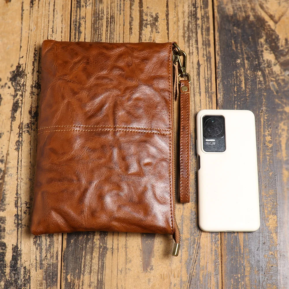 ROOG Timeless Vintage Leather Clutch Wallet - Luxurious Genuine Leather, Secure Zipper, Stylish Wristlet for Women