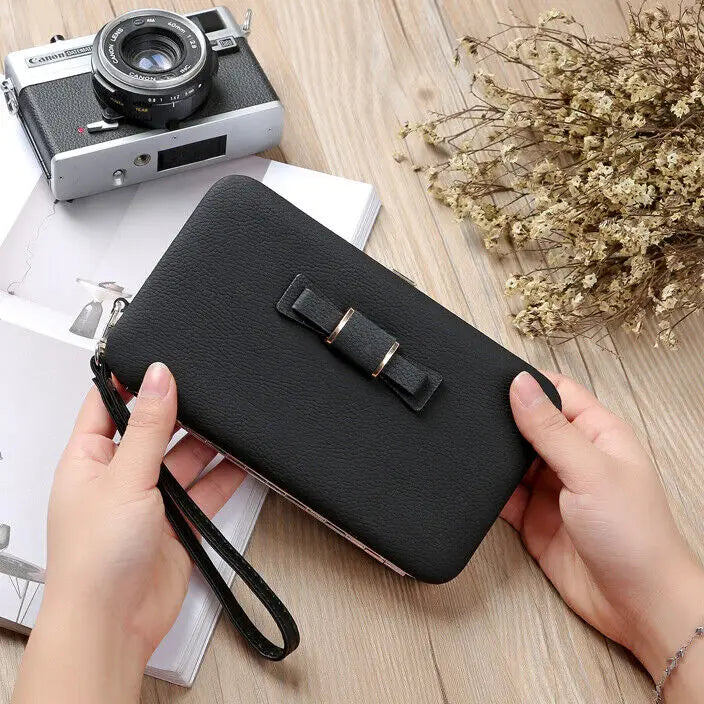 Fashion Women Clutch Wallet Long Card Holder Case Purse Cellphone Case Handbag With Wristlet