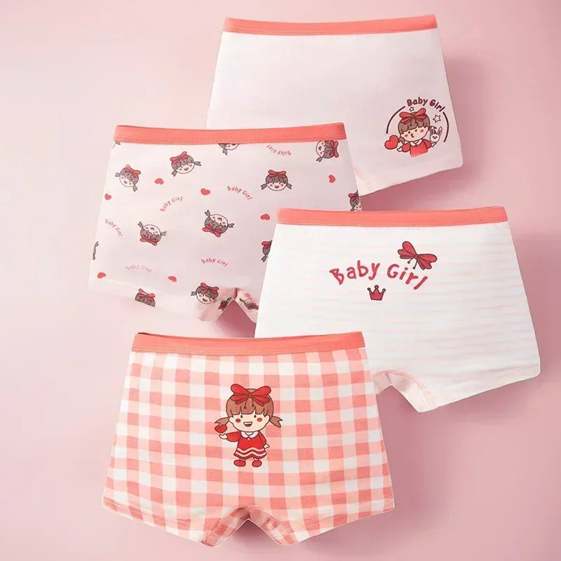 4Pcs/lot Kids Panties Chirdrens Underwear Lovely Girls Cartoon Print Briefs Floral Grid Cute Pants Baby Cotton Underpants 2-14Y