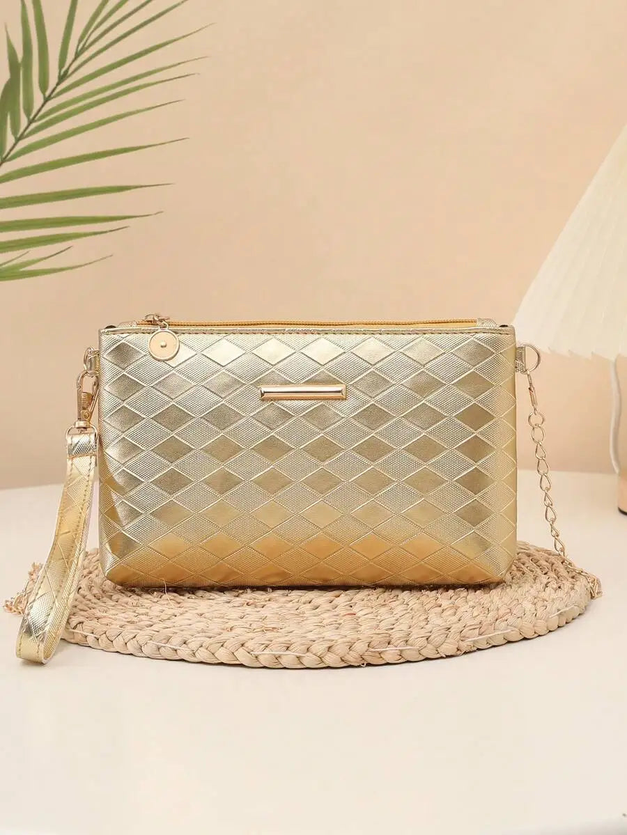 Green Quilted Chevron Mini Crossbody Bag with Gold Chain Strap