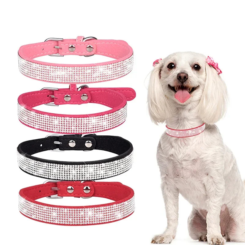 Adjustable collar shiny rhinestone dog collar small and medium-sized dog chain dog walking rope microfiber cat collar