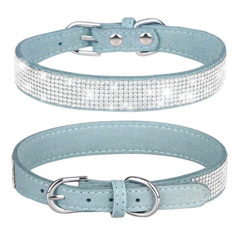 Adjustable collar shiny rhinestone dog collar small and medium-sized dog chain dog walking rope microfiber cat collar