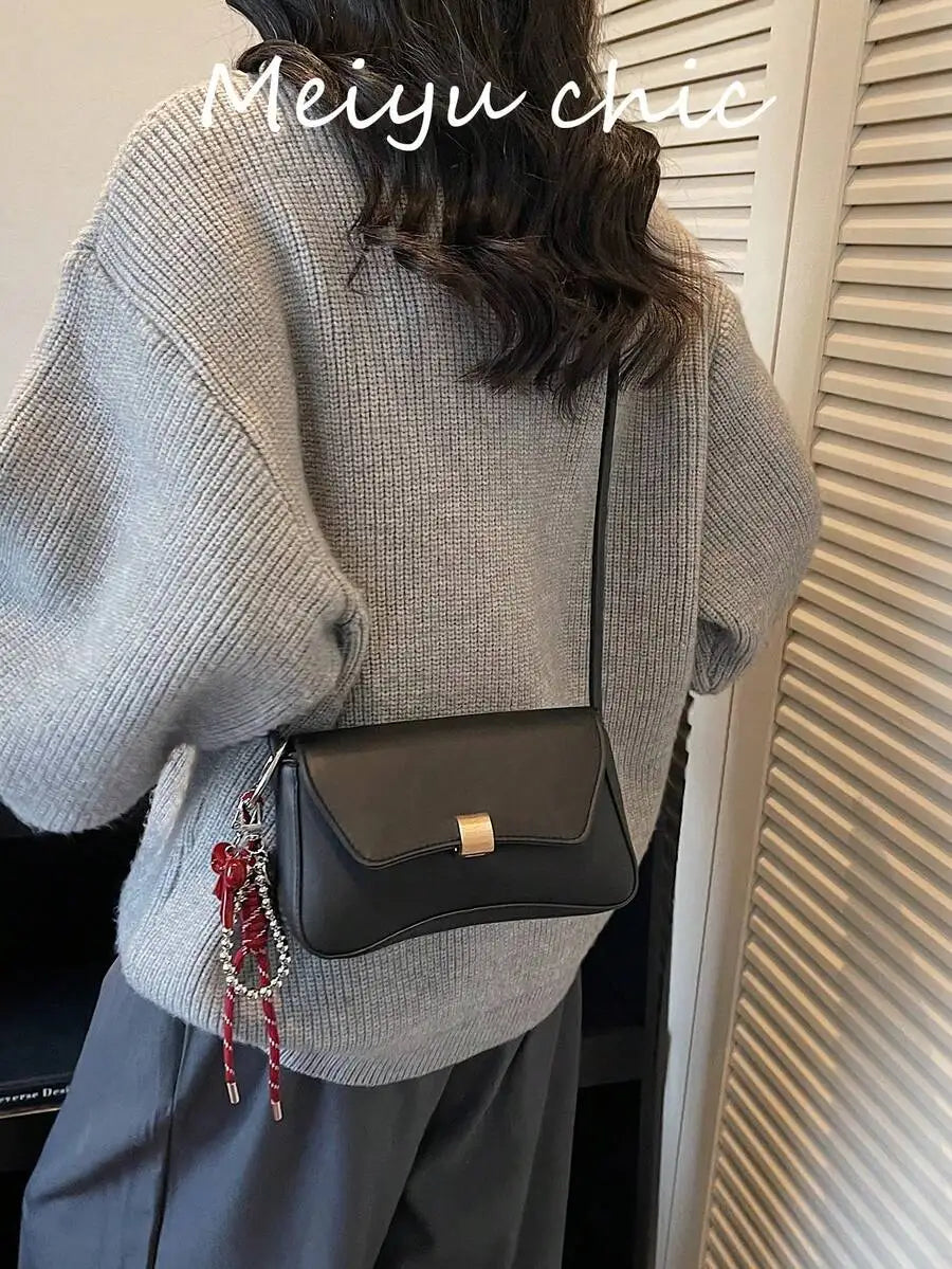 Minimalist Black PU Crossbody Bag with Gold Buckle and Knotted Strap