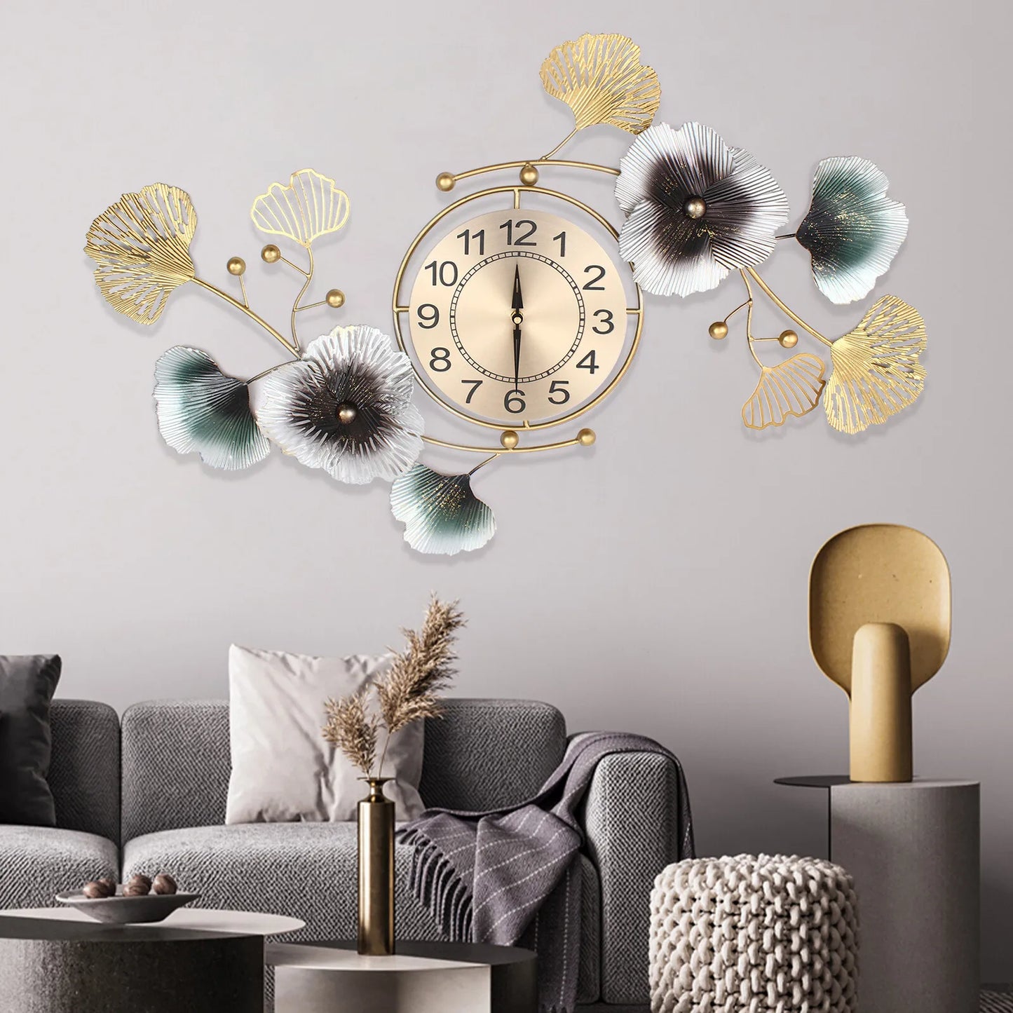 NEW 90*45cm Large Wall Clock Ginkgo Leaf Metal Wall Watch Living Room Home Decor