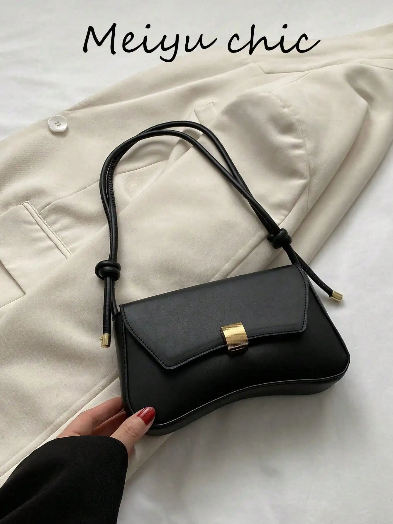Minimalist Black PU Crossbody Bag with Gold Buckle and Knotted Strap