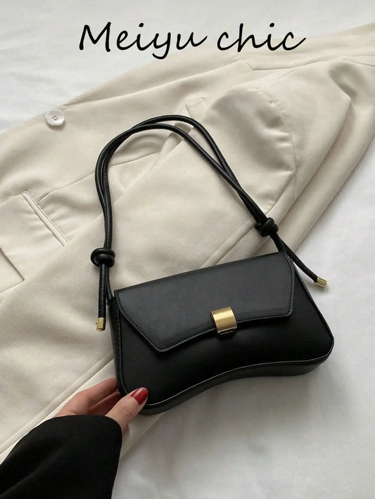 Minimalist Black PU Crossbody Bag with Gold Buckle and Knotted Strap